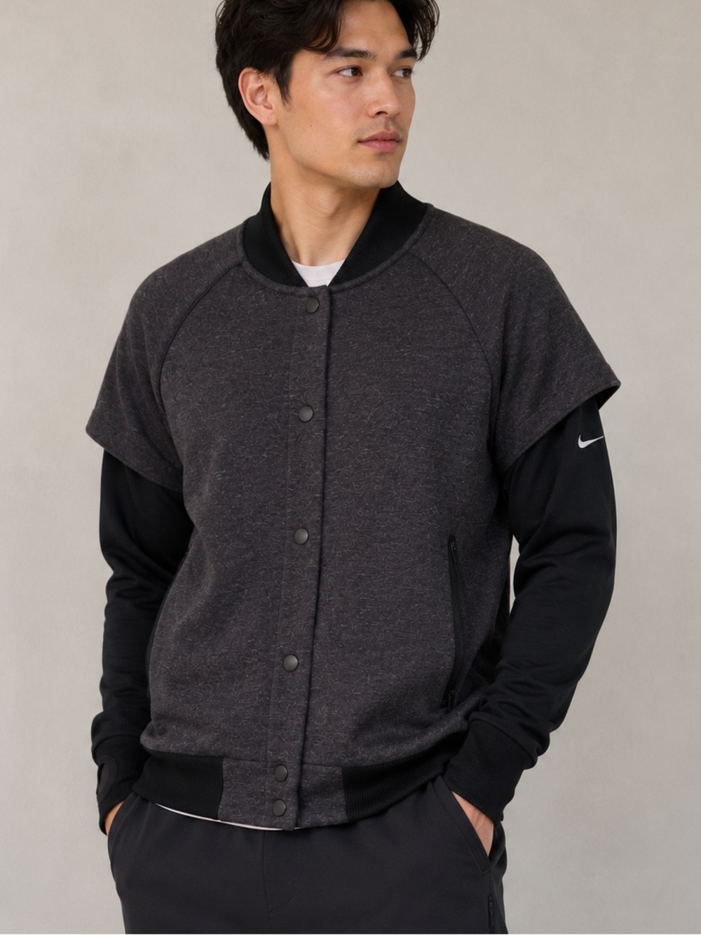 Nike Therma-FIT Snap Front Bomber Jacket Men’s Medium Gray Black Wool Blend